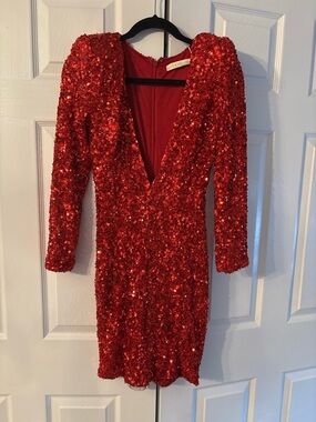 Abyss By Abby Red Sequin Plunging V-Neck Long Sleeve Dress